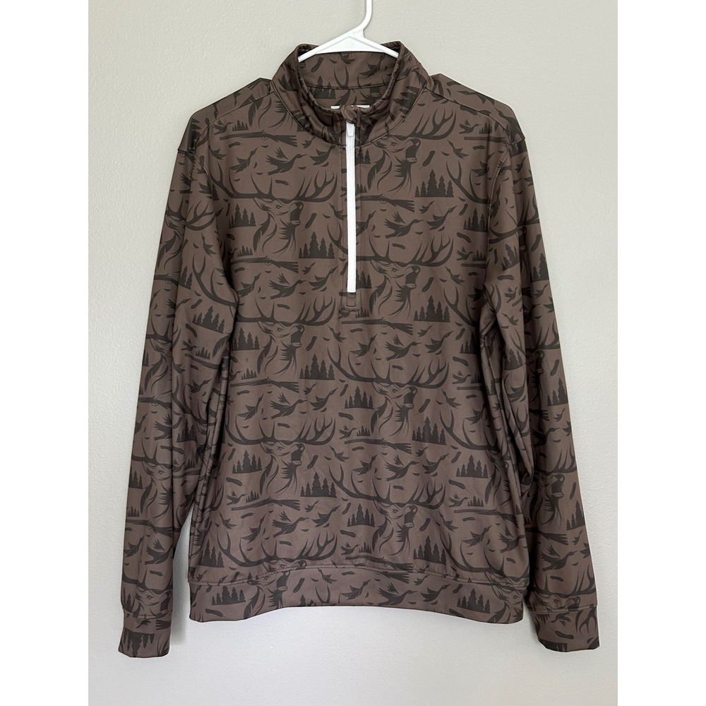 Waggle Golf Mens Brown Elk Duck Hunting Print Quarter Zip performance Pullover M